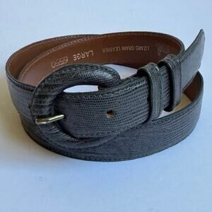 Women’s Lizard Grain Leather Belt Size L Gray Textured Oval Buckle Vintage Style